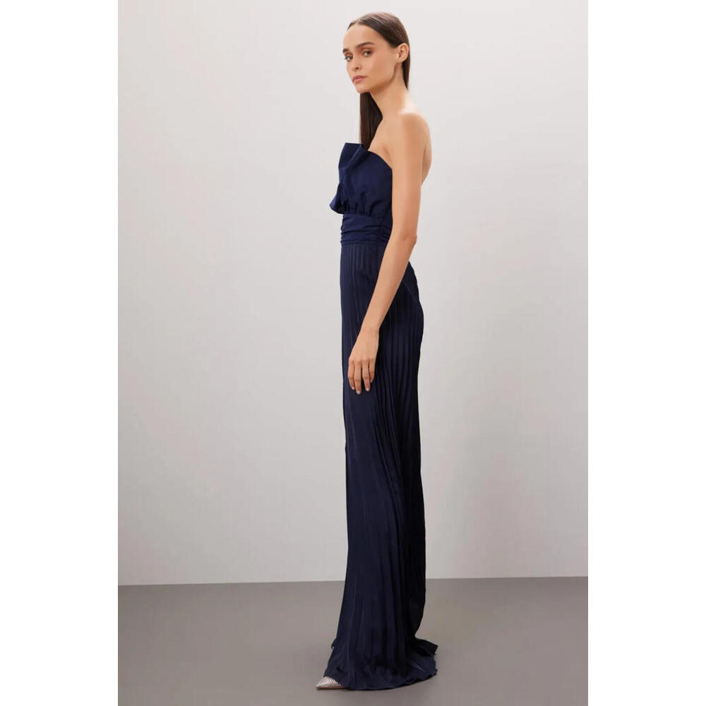 One33 Social Badgley Mischka  Wide-Leg Pleated Jumpsuit $750 Navy sz 6 Satin - Picture 6 of 6